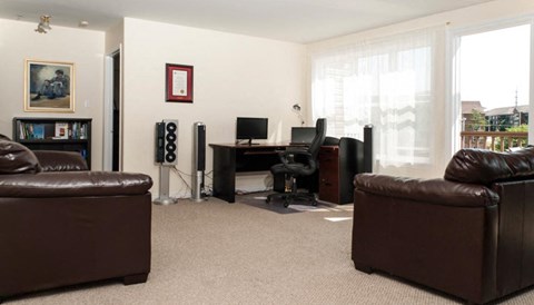 a living room with leather furniture and a computer
